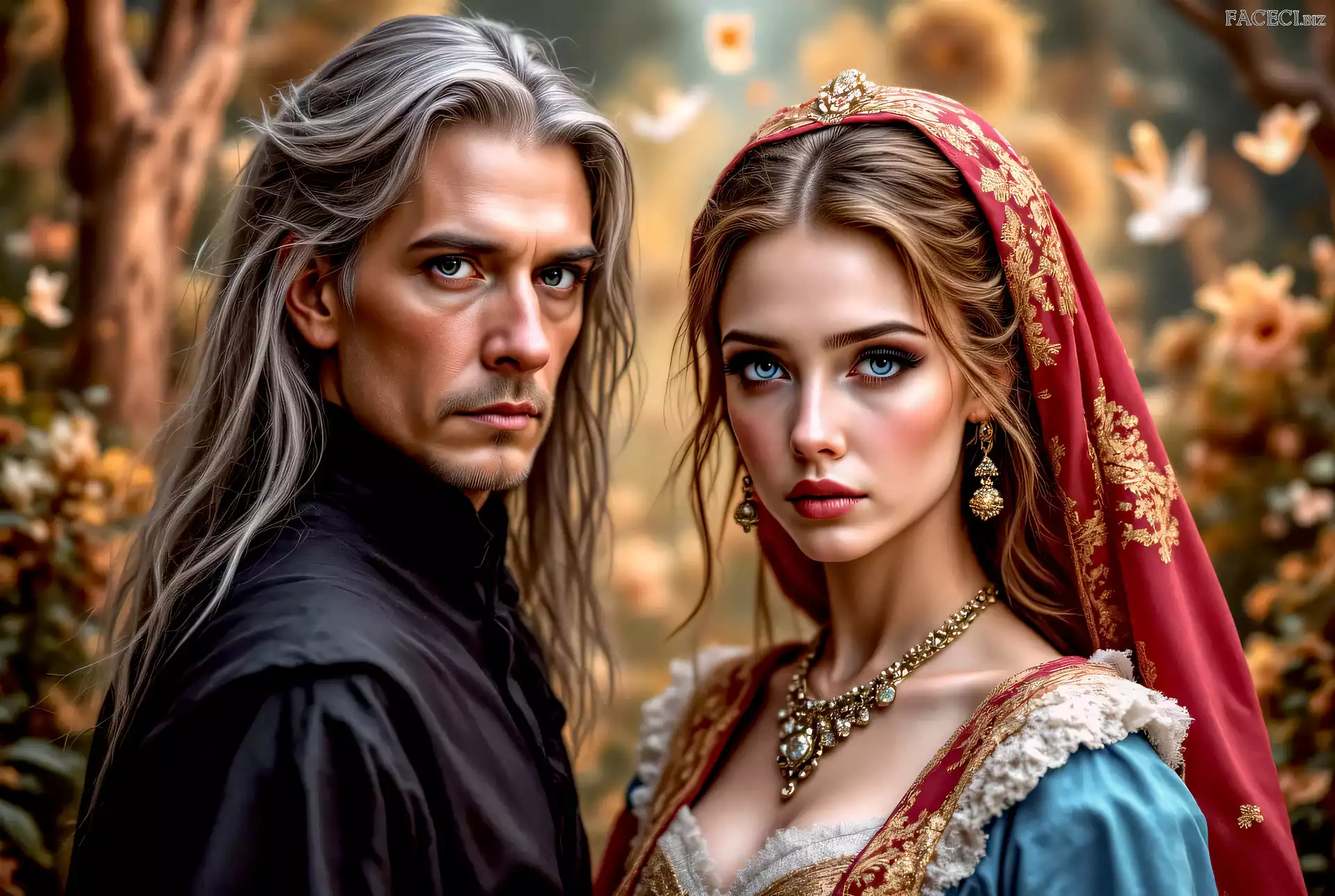 Długowłosy, Kobieta, Czerwony, Bizuteria, Grafika, Welon, Mężczyzna