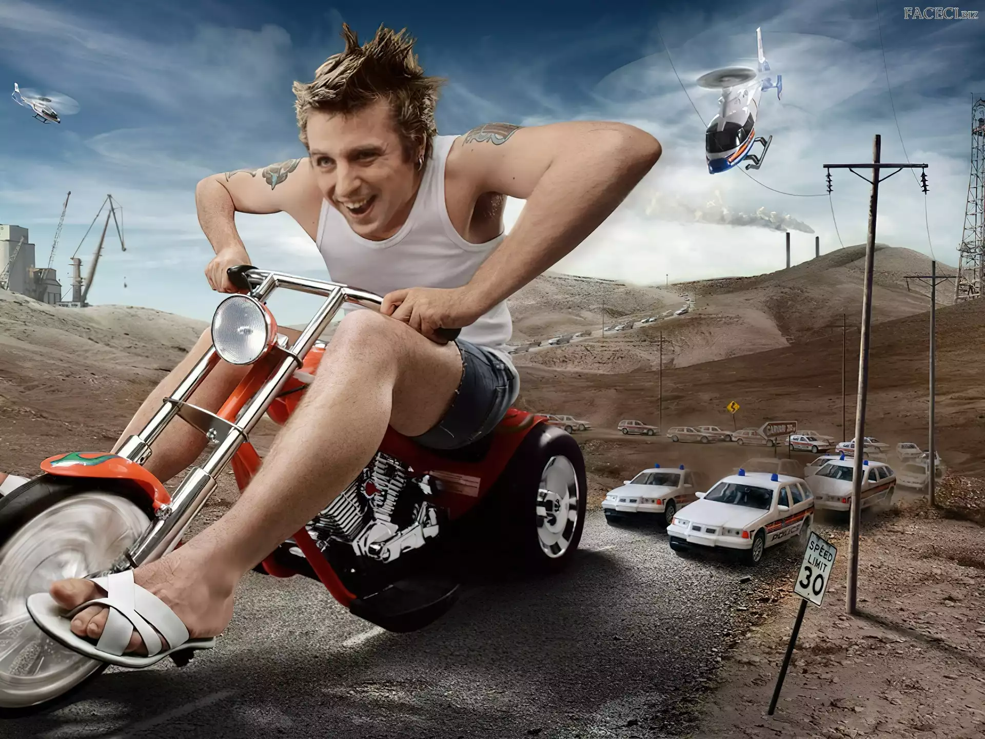 Pościg, Mężczyzna, Motorek